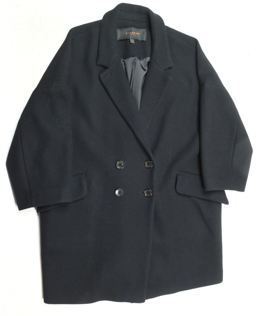 COACH New York Double Breasted Coat Womens Large Black Wool Angora Relaxed Fit